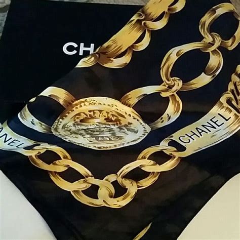 chanel silk scarf black and gold|authentic Chanel scarf.